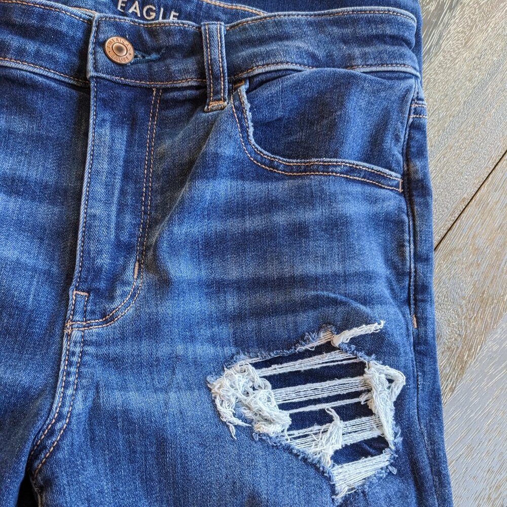 American Eagle Jegging Ripped Distressed Denim Blue Jeans Skinny Jeans, Size 12 - Picture 4 of 11